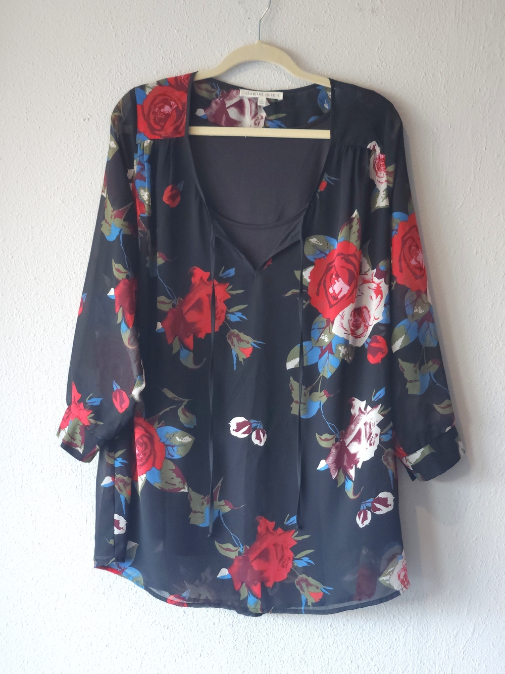 Daniel Rainn Black Floral V-Neck Blouse with Red and Cream Roses PLUS SIZE 1X